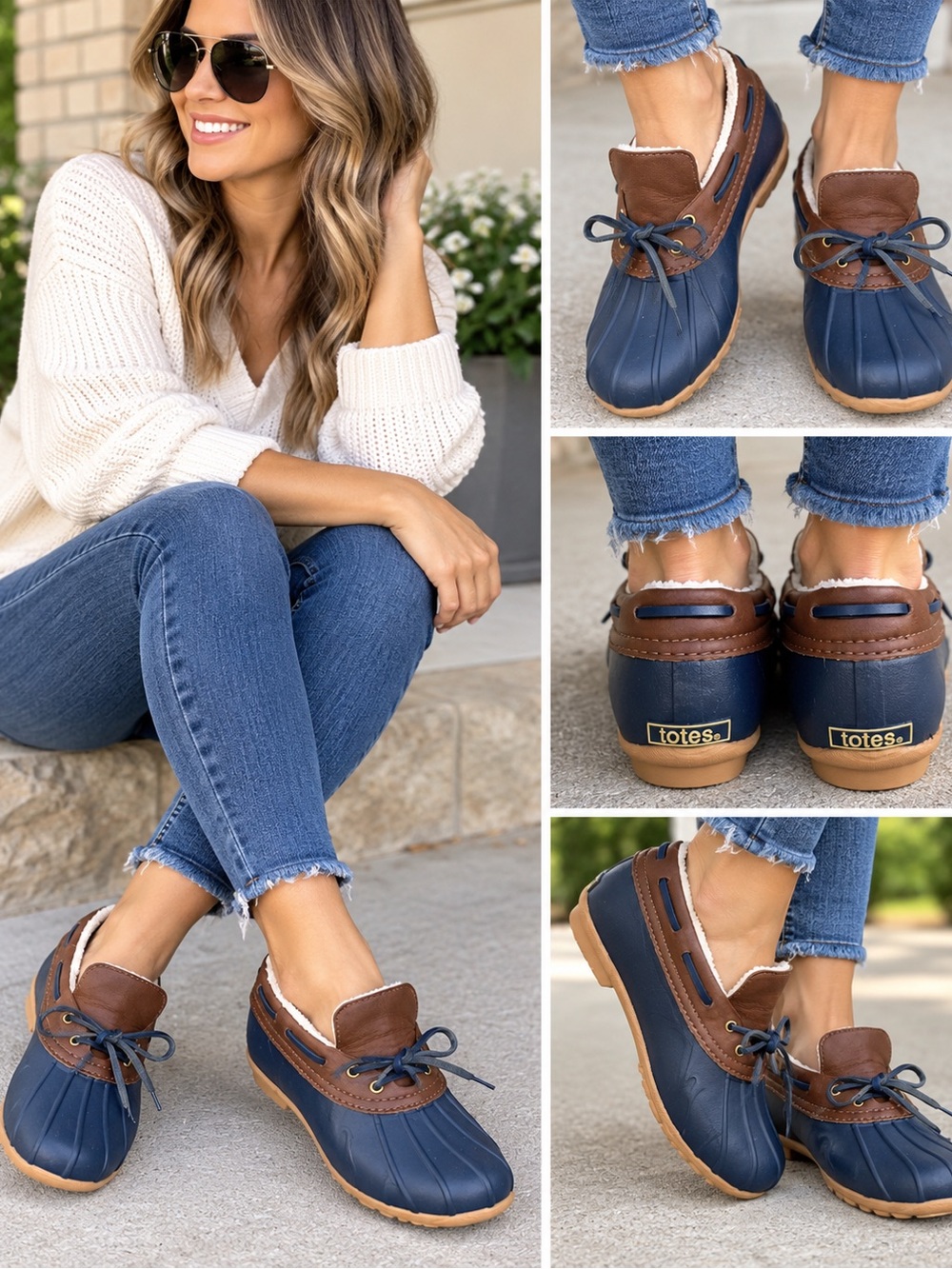 totes Navy and Brown Cozy Lined Slip-On Rain shoes